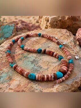 Jay King Mine Finds Rhodochrosite Turquoise Sterling Silver Necklace 18-20” Boho